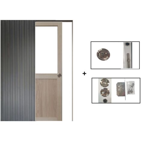Porte Coulissante Atelier placage chene Vitrée H204 x L73 + Système à Galandage (sans kit finition) (1/5)