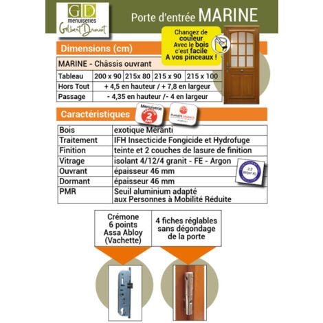 Porte D&39Entrée Bois Vitrée, Marine, H,200Xl,90 P, Droit Côtes Tableau