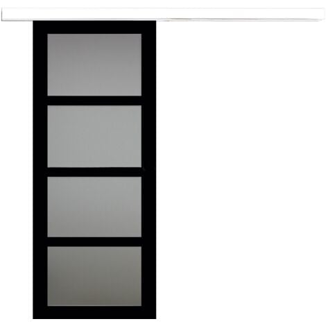 Porte Coulissante Telia Noir Vitree H204 X L83 + Rail Alu Bandeau Blanc