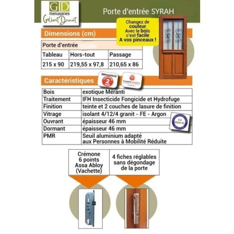 Porte D'Entrée Bois Vitrée, Syrah, H,215Xl,90 P,Gauche Cote Tableau