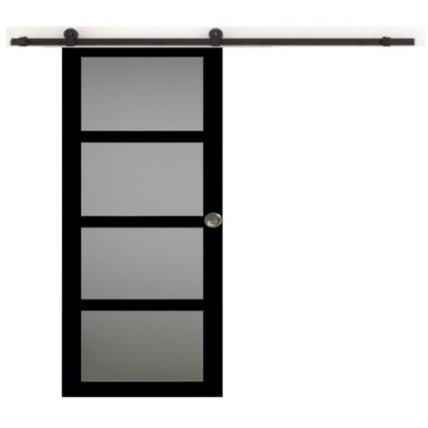 Porte Coulissante Telia Noir Vitrée H204 X L73 + Rail À Roulettes Et 2 Coquilles (1/5)