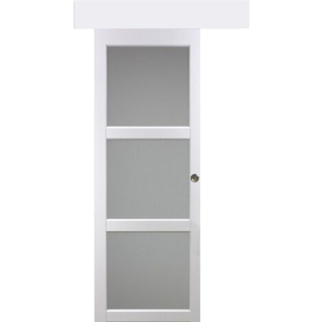 Porte Coulissante Kenya Blanc Vitree H204 X L83 + Rail Aluminium Bandeau Blanc Et 2 Coquilles