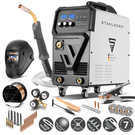 STAHLWERK Poste à souder combiné 4-en-1 MIG 270 Puls Pro – Kit complet – Poste sous gaz avec fonction Pulse, 270 A, dévidage synergique, entraînement 4 galets, compatible Lift-TIG & MMA