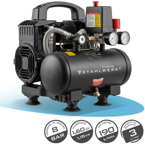 STAHLWERK Compresseur 8 bar 3 L 1,60 CV 1,18 kW 190 l/min Compresseur d'air comprimé (1/5)