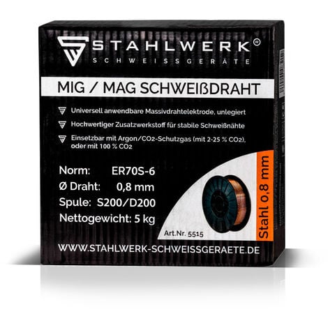STAHLWERK Fil de soudage MIG/MAG Ø 0,8 mm, acier SG2 ER70S-6, sur bobine de fil S200/D200 de 5 kg avec mandrin de 50 mm, utilisation universelle