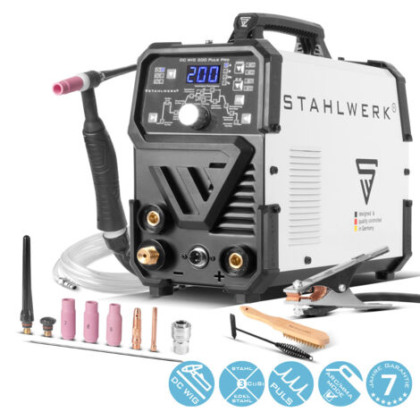STAHLWERK Poste à souder combiné 2-en-1 DC TIG 200 Puls Pro – TIG & MMA (ARC) jusqu'à 200 A, fonction Pulse, mémoire de jobs, Hotstart, adapté aux tôles fines, pour acier, inox, cuivre & laiton