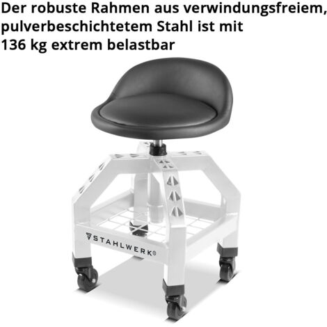 Tabouret D'atelier Roulant STAHLWERK WRS-35 ST - Capacité 136 Kg, 3 Compartiments De Rangement, Roulettes Pivotantes - Siège En Similicuir Confortable