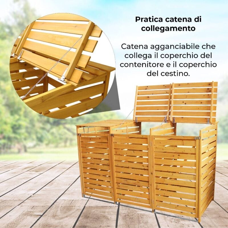 Tidyard Copribidone Triplo per Spazzatura in Legno di Pino Verniciato 240L  3 Bidoni Spazzatura Pattumiera da Giardino Copribidone per Spazzatua da