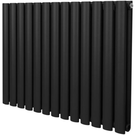 Radiatore a colonna ovale 600 mm x 780mm Designer Doppio pannello Termosifone Nero Acciaio Orizzontale Inclusi Spazzola per la pulizia Kit di fissaggio e staffe