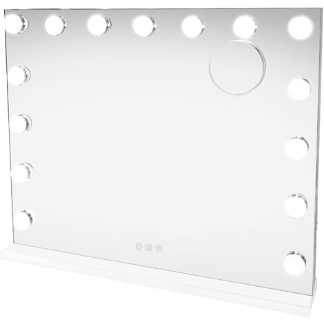 Specchio Hollywood LED 15 Lampadine, Vanity Trucco Touch, 3 Modalità Colore, Dimmerabile, Altoparlante Bluetooth, 2 Porte USB-A/C, Panno Microfibra, Specchio 10x, Montaggio Tavolo/Parete