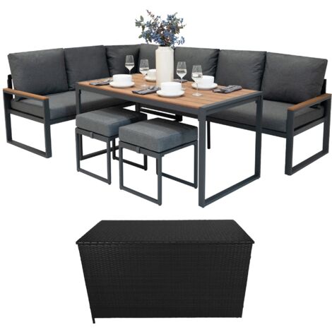 Set da Giardino in Alluminio Effetto Legno con Cassapanca in Rattan Nera – Divano Angolare 7 Posti, Tavolo da Pranzo, 2 Sgabelli, Cuscini, Baule 582L con Coperchio a Gas, Copertura Impermeabile e Bors