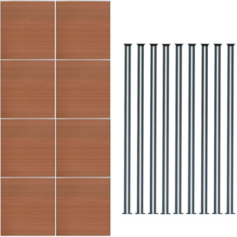Pannelli Recinzione x8 + 9 Pali LED Alluminio Marrone Effetto Legno PVC 185x1391cm Recinzione da Giardino Esterno Patio Privacy con Illuminazione Solare (1/5)