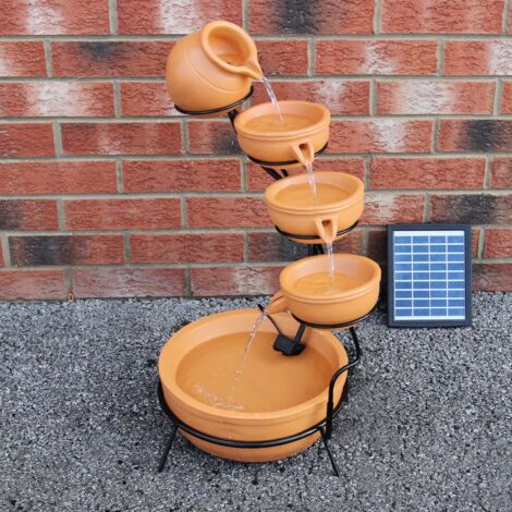 MonsterShop - Fontana Solare a Cascata da Giardino con Batteria di Supporto da 6 Ore Fontanella con Pannello Solare e Picchetto Fontanella a Vasi Fontana con Ciotole - Terracotta
