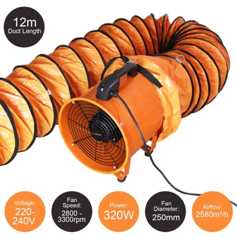 MAXBLAST - Ventilatore Estrattore Aria Industriale con Tubo Dotto Aspira Polveri e Fumo o Soffia Aria Pulita Ventola Reversibile - 250mm - Dotto 12m