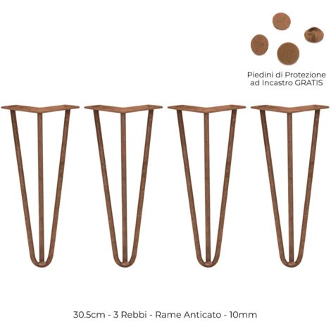 4 Gambe da Tavolo a Forcina 30.5cm - 3 Rebbi - 10mm - Rame Antico