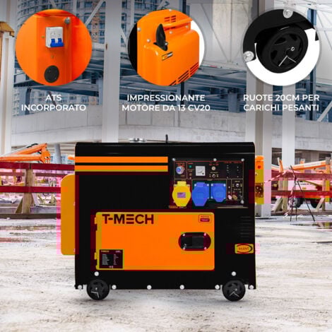 Generatore Diesel Silenzioso Trifase ATS 6.5kVA 6500W 13HP 230V \ 400V Avvio Elettrico Telaio Chiuso Potenza di Emergenza 4 Ruote Portatile Acciaio Verniciato a Polvere Nera 20L Capacità Carburante Ki