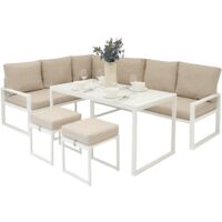 Set Mobili da Giardino in Alluminio 7 Posti Divano Angolare da Esterno con Tavolo da Pranzo in Vetro Temperato e 2 Sgabelli, Cuscini Lavabili, Copertura Impermeabile Inclusa - Bianco