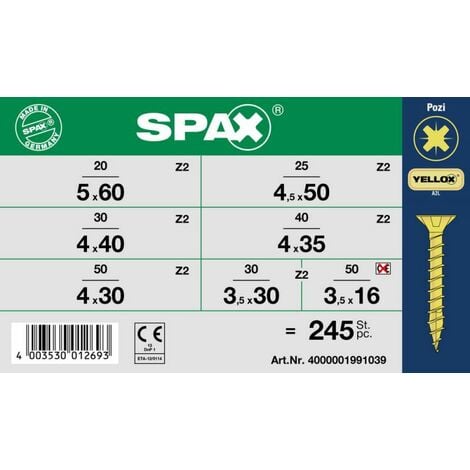 SPAX Sortiment klein, Schrauben-Set mit 7 Abmessungen, 245 Stück, Senkkopf, Kreuzschlitz Z, YELLOX - 4000001991039