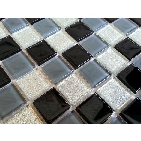 Black Grey Glitter Silver Glass Wall Border Splashback Mosaic Tiles Sheet MT0014