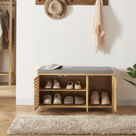 En.casa Schuhschrank Mit Sitzbank – Aus Bambus, 3 Türen, Gepolsterte Sitzfläche, 90x50x35 Cm