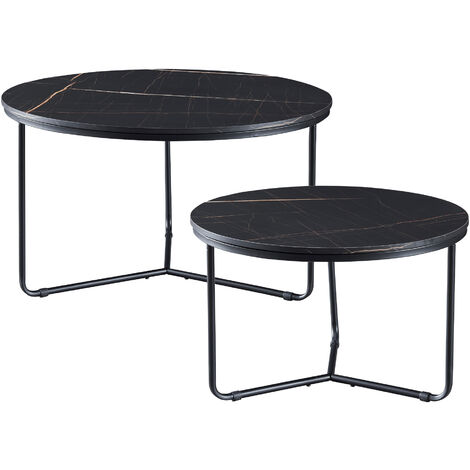 2 Couchtische Set Rund – Schwarze Marmoroptik, Metallgestell, Platzsparend (en.casa)