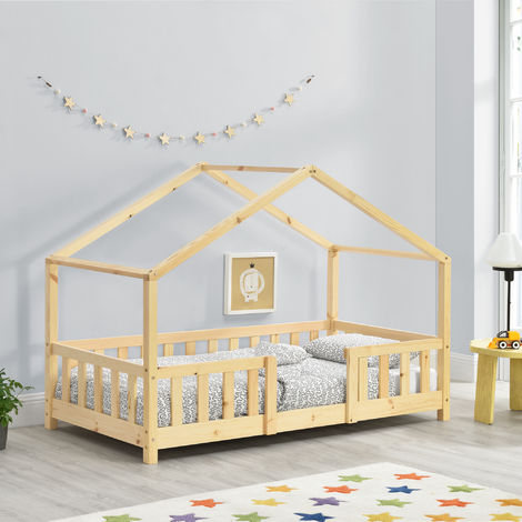 Kinderbett mit 2 Bettkasten 160x80cm Jugendbett bis 70 kg mit Stauraum Rausfallschutz Lattenrost Kiefernholz Sperrholz Natur en.casa 