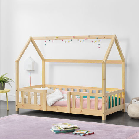 en.casa Kinderbett mit Rausfallschutz 80x160 cm Jugendbett mit Schutzgitter und Lattenrost Kiefernholz Natur 