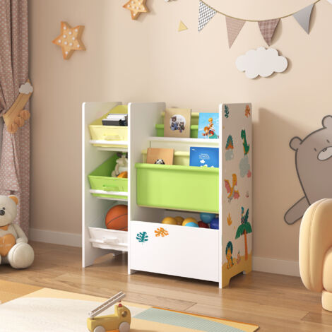 Kinderregal Vimianzo Dinosaurier-Motiv Weiß / Grün / Gelb [en.casa]
