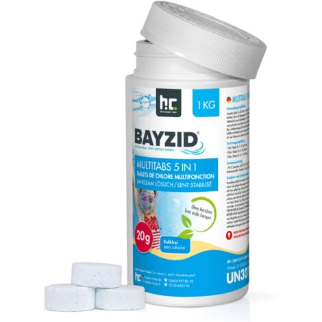 Höfer Chemie 1 kg Bayzid® Pastilles de Chlore pour Piscine(20g), Chlore Multifonction 5 en 1, Entretien Complet en 5 Phases, Fabriqué en Europe