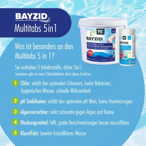 Höfer Chemie 1 kg Bayzid® Pastilles de Chlore pour Piscine(20g), Chlore Multifonction 5 en 1, Entretien Complet en 5 Phases, Fabriqué en Europe