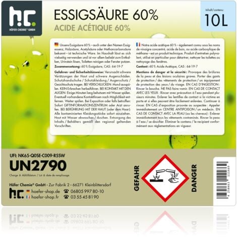 10 l Acide Acétique 60% (1 x 10 l) Produit technique - Fiable pour l'élimination des salissures tenaces