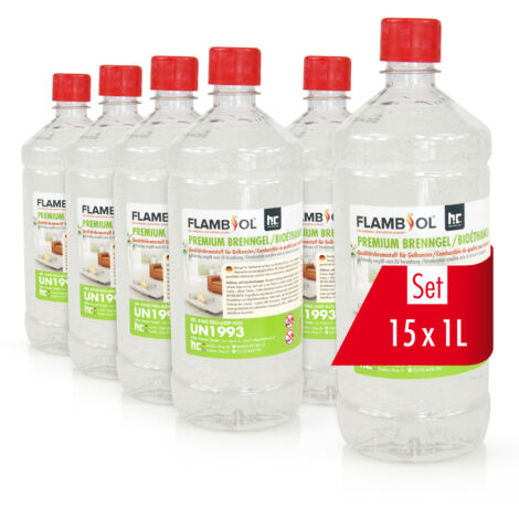 15 x 1 L FLAMBIOL® Premium gel combustible pour feux décoratifs, lampes et cheminées - nouvelle recette de gel liquide épais (15 x 1 L)