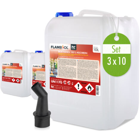 Höfer Chemie Gmbh – Lot de 3 bidons de 10 L de bioéthanol 100% Hochrein – Combustion propre et inodore – Pour cheminées et foyers à éthanol