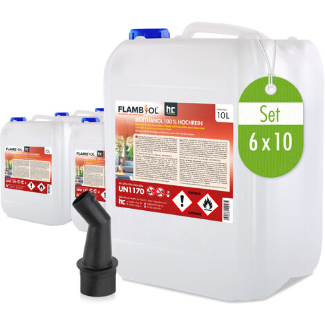 Bioéthanol 100 % 6 x 10 L (60 L) de haute pureté pour cheminée à éthanol