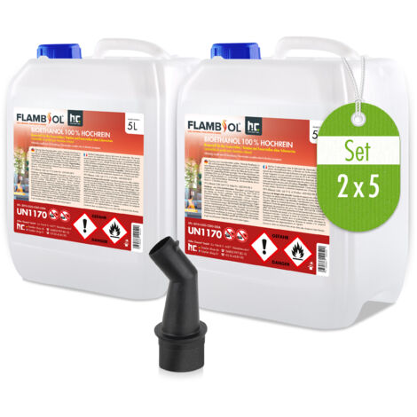 Höfer Chemie Gmbh – Bioéthanol 100 % pur en pack de 2 bidons de 5 L – Combustion sans résidus – Flamme bleutée – Pour cheminées en acier inoxydable