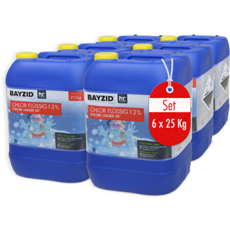 Höfer Chemie Chlore liquide 6 x 25 kg (150 kg) - Chlore liquide 48° pour piscine avec une teneur en chlore actif de 13 à 15% pour l'entretien des piscines et la désinfection de l'eau - Made in Germany