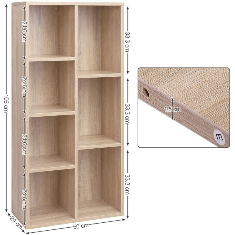 Vasagle Bibliotheque A 7 Casier Bibliotheque Debout Robuste Etagere De Rangement 50 X 24 X 106cm L X 1 X H Chene Clair Lbc27nl Brun Clair