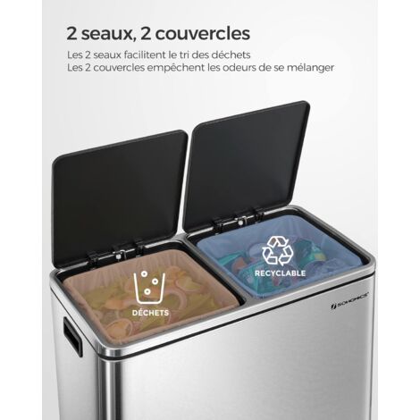 Poubelle Double 2 X 25L HOMCOM – Acier Inoxydable – Pédale – Couvercle Fermeture Douce – Tri Sélectif – Cuisine/Bureau