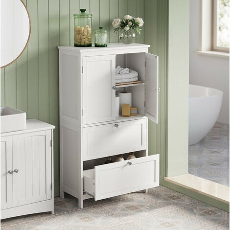 VASAGLE Armoire de Salle de Bain avec 2 Tiroirs et 2 Portes, 60 x 30 x 110 cm, Placard de Cuisine, Meuble de Rangement, Étagères Réglables, Blanc