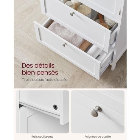 VASAGLE Armoire de Salle de Bain avec 2 Tiroirs et 2 Portes, 60 x 30 x 110 cm, Placard de Cuisine, Meuble de Rangement, Étagères Réglables, Blanc