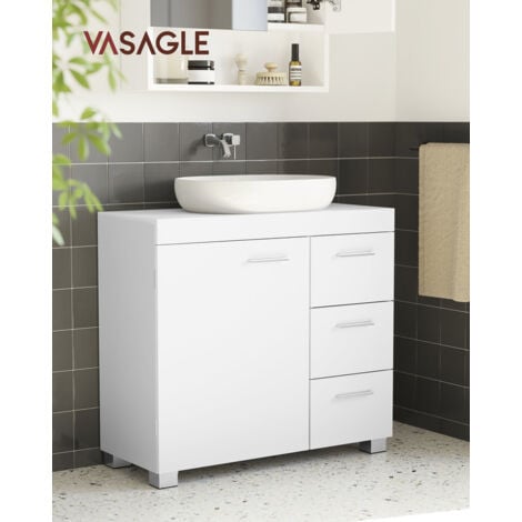 Meuble sous Lavabo, Meuble de Salle de Bain, 3 Tiroirs Latéraux, 2 Compartiments Derrière la Porte, Adapté aux Lavabos sur Colonne, avec Pieds, 30 x 70 x 64 cm, Blanc Nuage