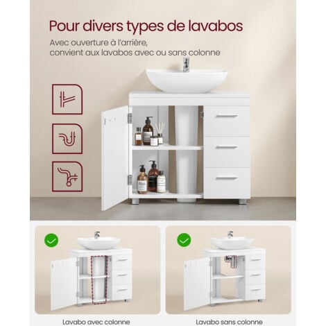 Meuble sous Lavabo, Meuble de Salle de Bain, 3 Tiroirs Latéraux, 2 Compartiments Derrière la Porte, Adapté aux Lavabos sur Colonne, avec Pieds, 30 x 70 x 64 cm, Blanc Nuage
