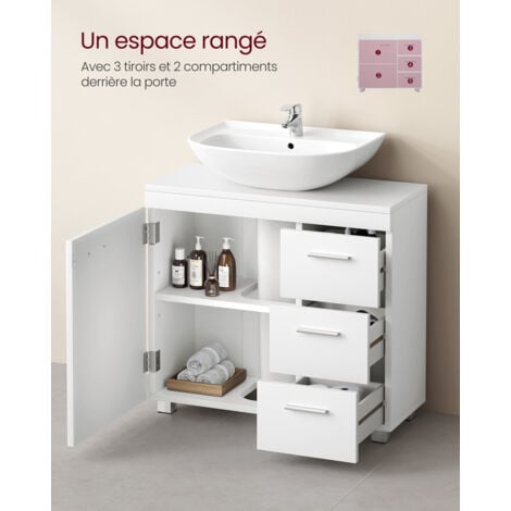 Meuble sous Lavabo, Meuble de Salle de Bain, 3 Tiroirs Latéraux, 2 Compartiments Derrière la Porte, Adapté aux Lavabos sur Colonne, avec Pieds, 30 x 70 x 64 cm, Blanc Nuage