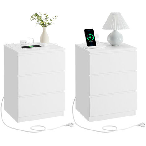 Vasagle – Lot de 2 tables de chevet modernes avec 3 tiroirs – 2 prises CA et 2 ports USB – Façades biseautées – Dimensions 35x40x59cm – Blanc nuage
