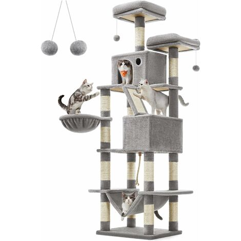 Feandrea – Arbre à chat multi-niveaux 206 cm – 13 griffoirs en sisal – 2 niches et 2 plateformes – Panier et hamac inclus – Tissu peluche gris clair