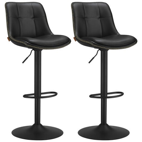 VASAGLE Tabourets de Bar, Lot de 2, Chaise de Cuisine, Siège Pivotant à Hauteur Réglable, Matelassé, en PU, avec Dossier et Repose-Pieds, Salle à Manger, Comptoir, Acier, Noir