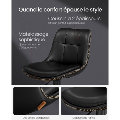 VASAGLE Tabourets de Bar, Lot de 2, Chaise de Cuisine, Siège Pivotant à Hauteur Réglable, Matelassé, en PU, avec Dossier et Repose-Pieds, Salle à Manger, Comptoir, Acier, Noir