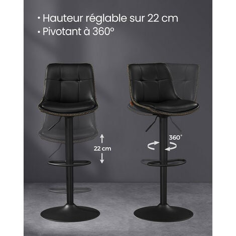 VASAGLE Tabourets de Bar, Lot de 2, Chaise de Cuisine, Siège Pivotant à Hauteur Réglable, Matelassé, en PU, avec Dossier et Repose-Pieds, Salle à Manger, Comptoir, Acier, Noir