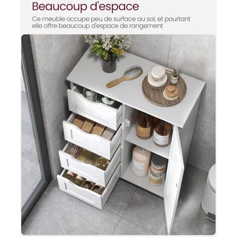 Meuble de Salle de Bain VASAGLE - 4 Tiroirs - 55 x 30 x 82 cm - Placard avec Porte - Étagère Réglable - Blanc