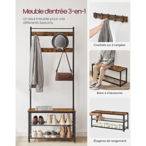 Portemanteau VASAGLE HSR41BX - Vestiaire avec Banc à Chaussures - Style Vintage - Crochets Armature métallique - 70 x 32 x 175cm